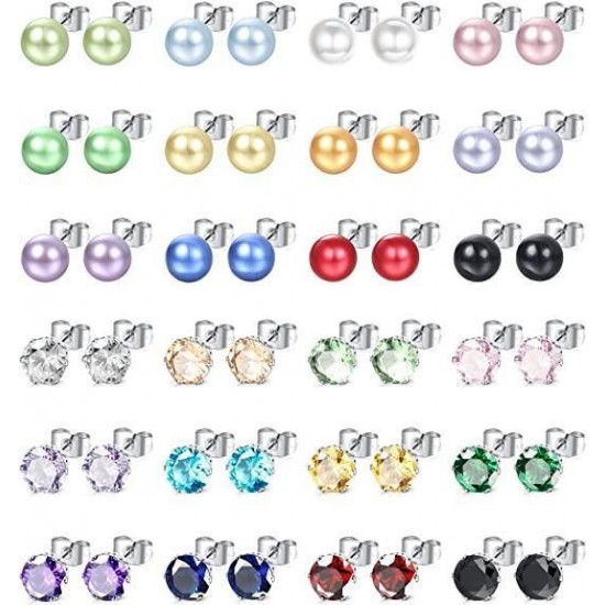 24 Pairs Stainless Womens CZ Stud Earrings Set Brilliant Cut Round Cubic Zirconia Birthstone Faux Pearl Ball Stud Piercings 5MM